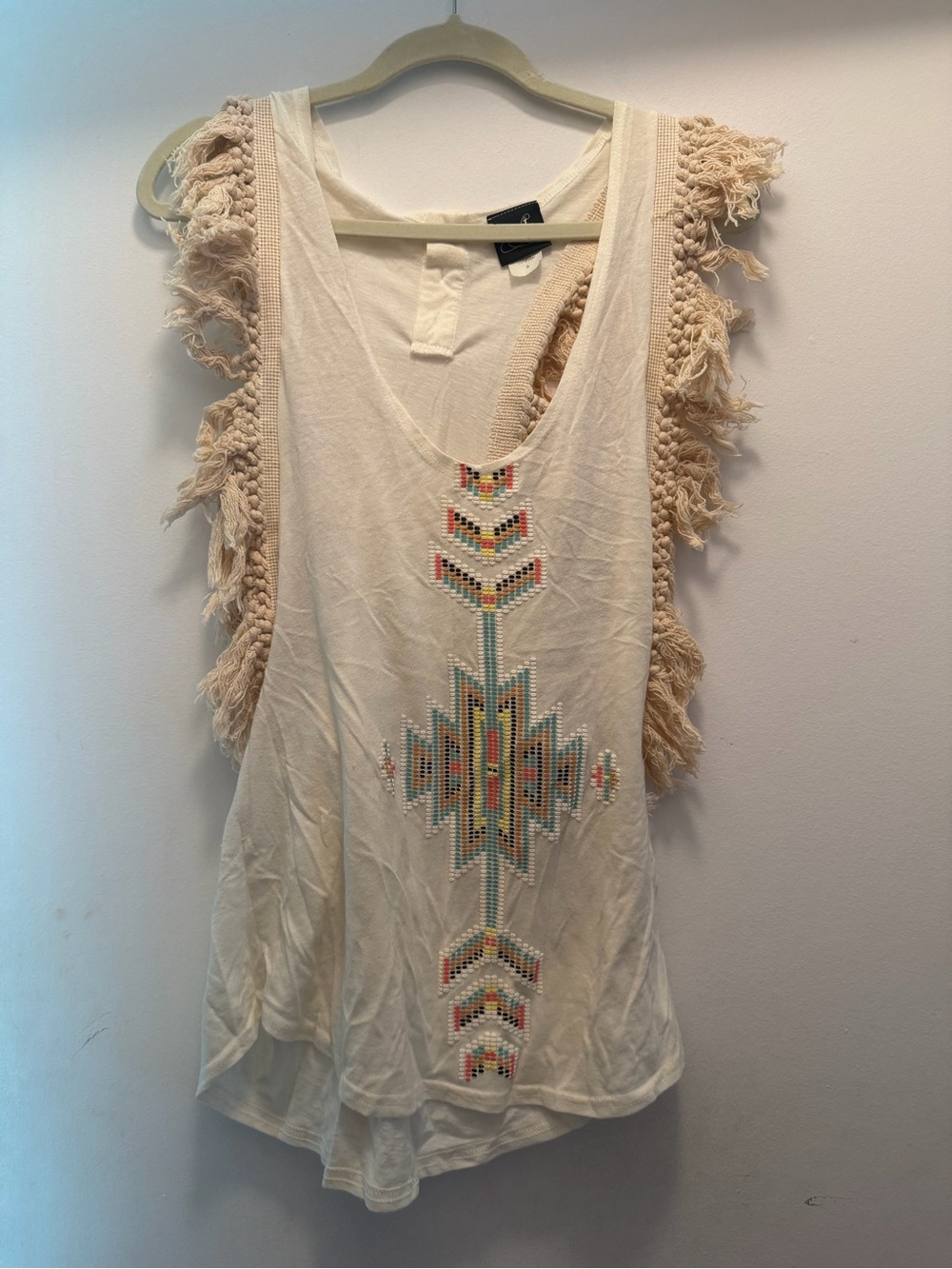 Tahari ASL Cream Embroidered Fringe Tank Top